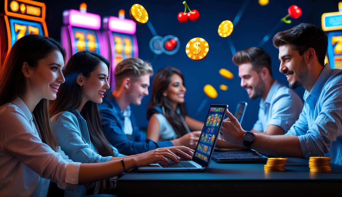 Beberapa orang muda sedang bermain game slot online dengan laptop dan ponsel di sebuah ruangan yang terang dan modern.