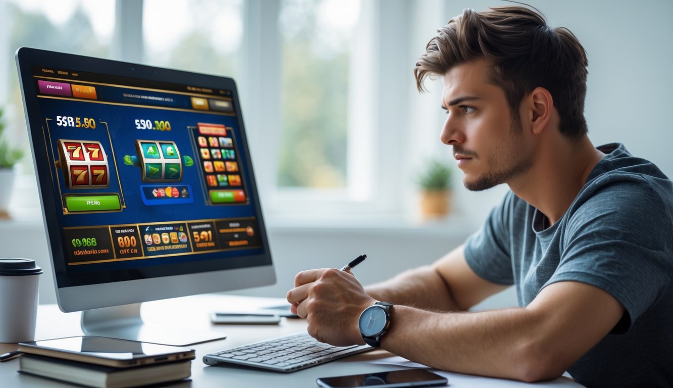 Seorang pria muda duduk di meja dengan laptop yang menampilkan permainan slot online, tampak fokus dan berhati-hati.