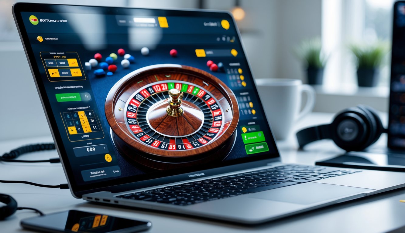 Sebuah komputer menampilkan roda roulette online dengan bola putih di atasnya di dalam ruangan yang terang dan rapi.