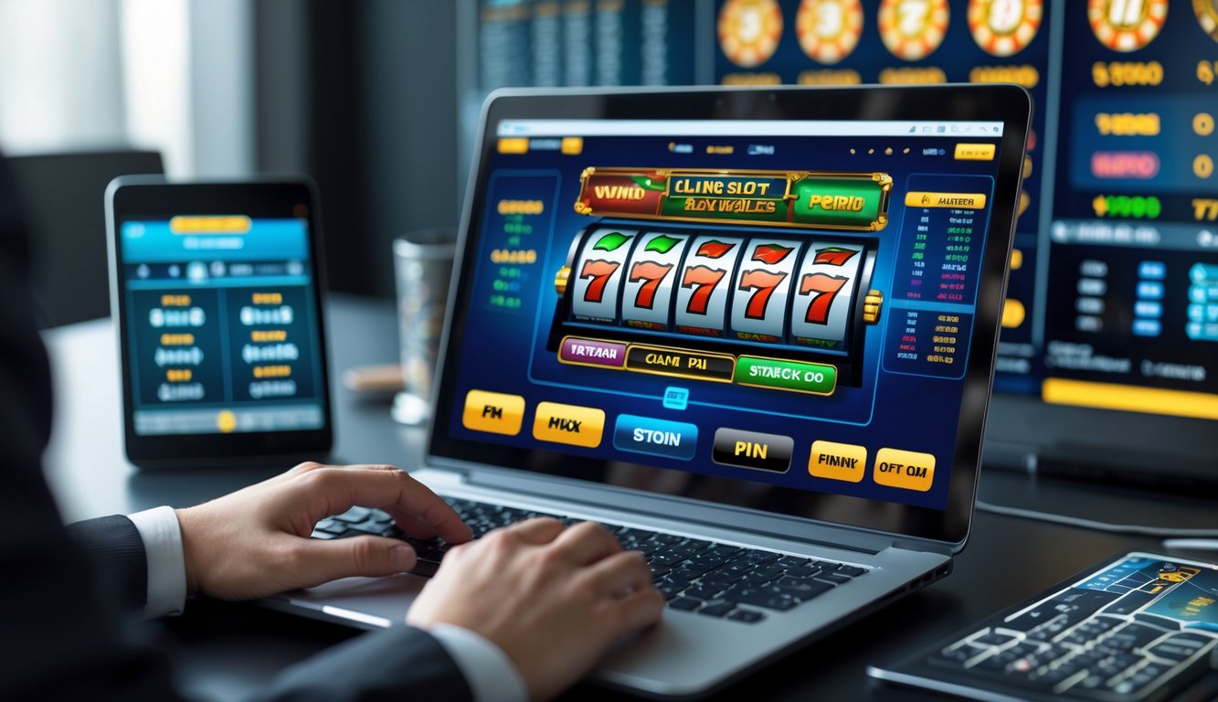 Seseorang sedang menggunakan laptop dengan tampilan permainan slot online dan alat bantu strategi di sekitarnya.