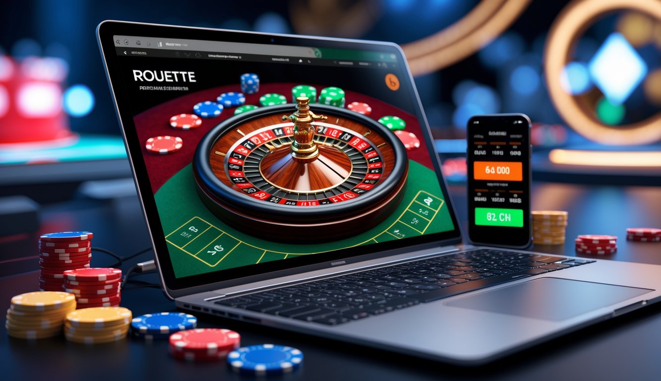 Sebuah meja dengan komputer yang menampilkan roda roulette berputar dan chip taruhan di sekitarnya.