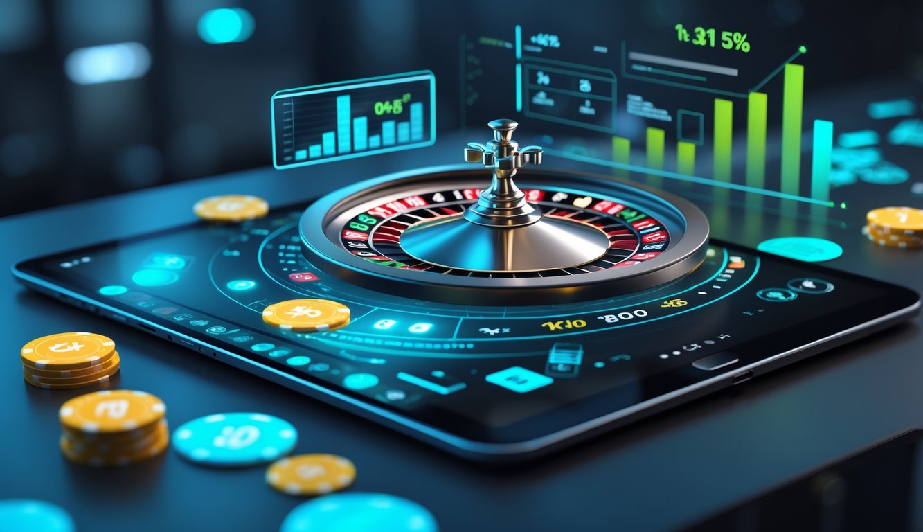 Layar komputer menampilkan roda roulette digital yang sedang berputar dengan chip dan ikon digital di sekitarnya.