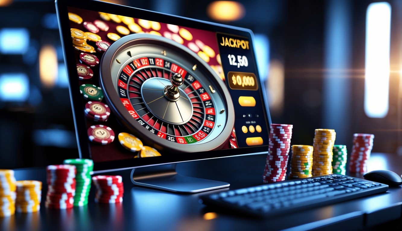 Tampilan layar komputer menampilkan permainan roulette online dengan roda roulette berputar dan tumpukan chip taruhan di sekitarnya serta indikator jackpot besar di latar belakang.