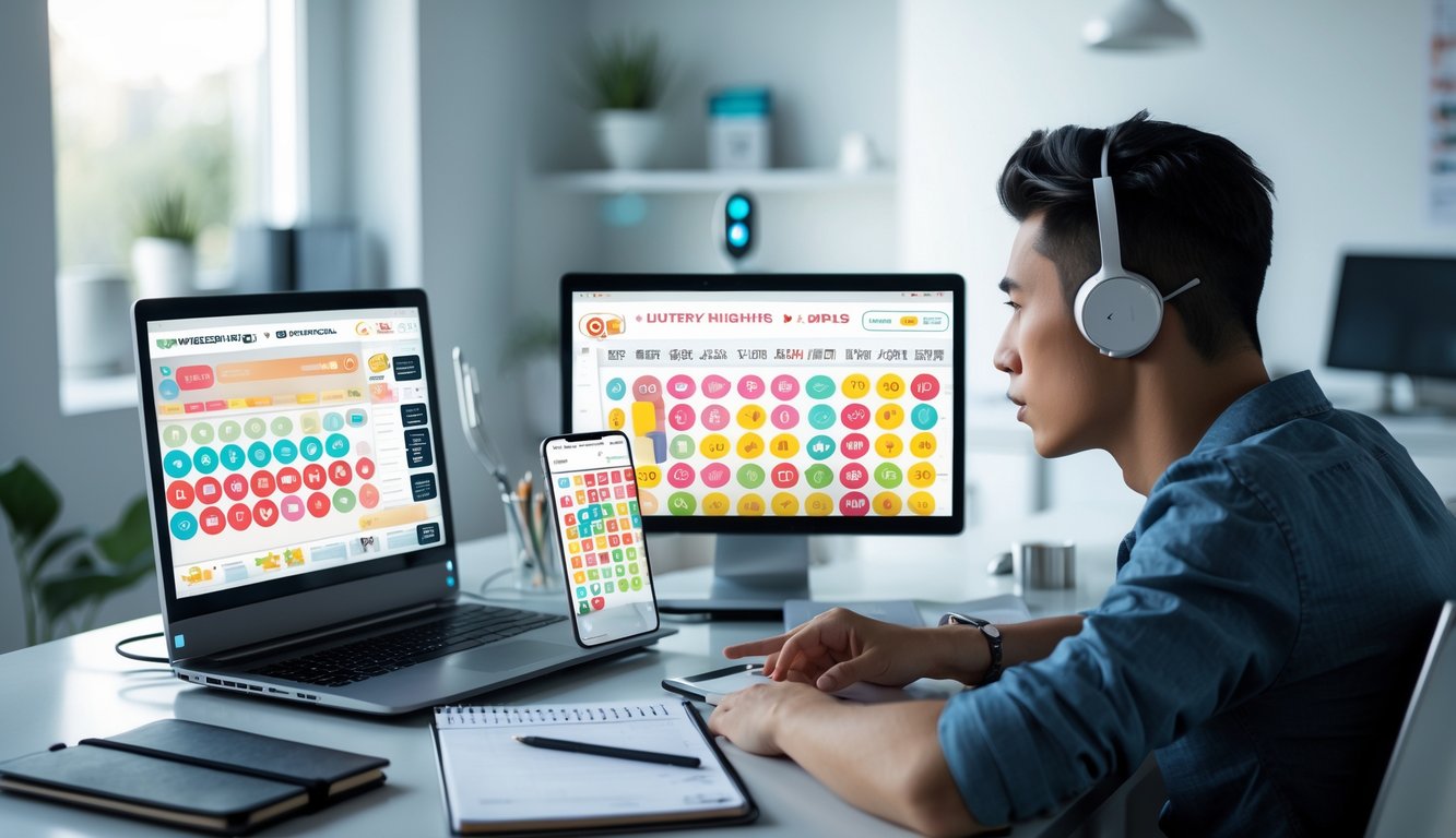 Seorang dewasa muda duduk di meja dengan laptop dan ponsel yang menampilkan angka lotere, sedang menganalisis data dengan suasana kantor rumah yang modern.