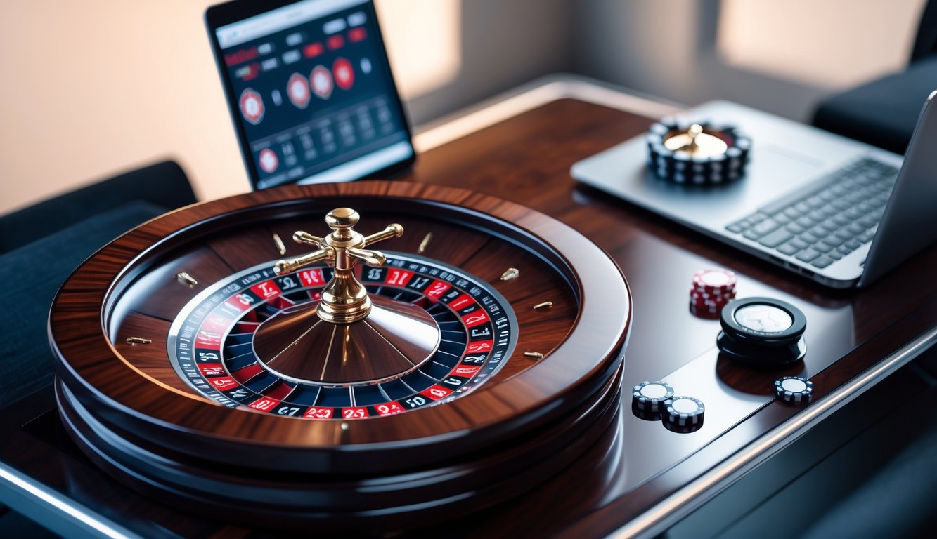 Meja roulette dengan roda roulette dan perangkat digital menampilkan permainan roulette online.
