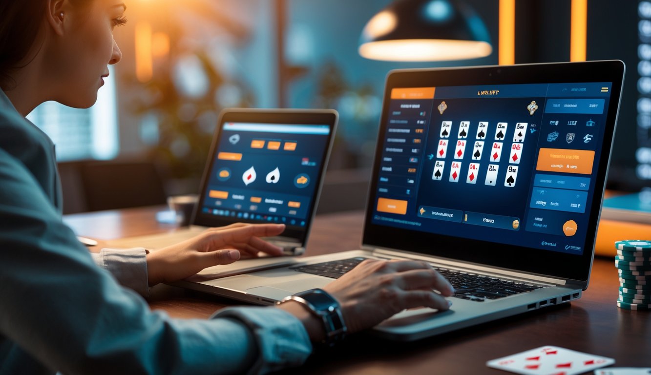 Seseorang menggunakan laptop dengan tampilan permainan poker online di meja kerja yang rapi dan terang.