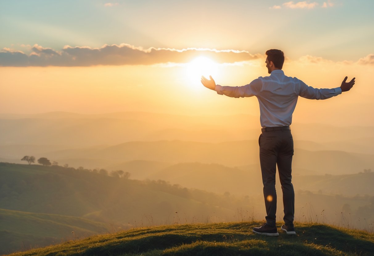 A confident person standing on a hilltop at sunrise with warm sunlight illuminating the scene and a clear sky in the background.