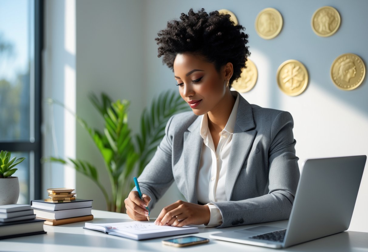A person sitting at a desk in a bright office, focused on sketching ideas with books, a laptop, and a plant nearby.