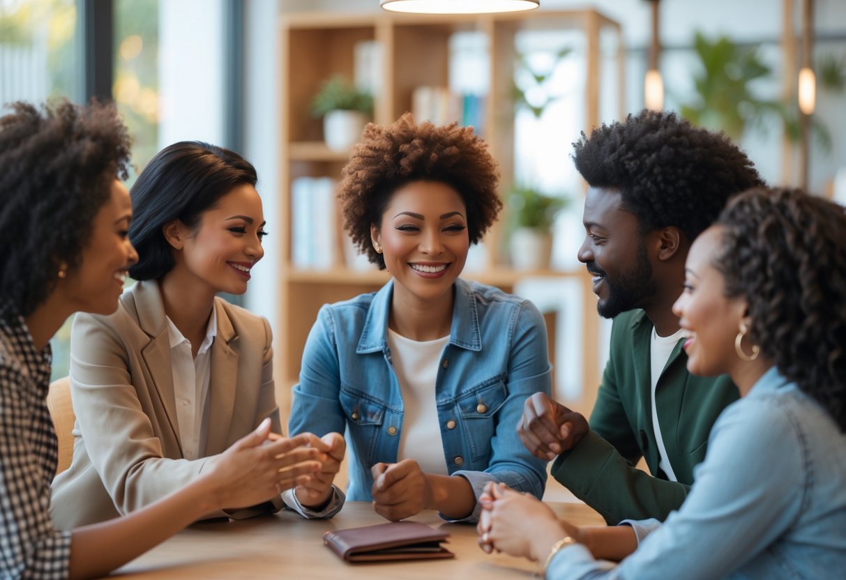 A group of people warmly interacting in a modern office setting, with one person confidently engaging others in conversation.