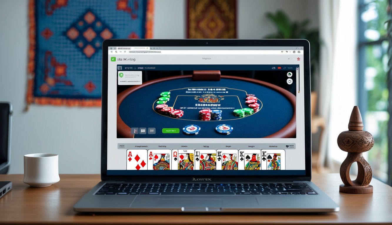 Seorang pemain menggunakan laptop untuk bermain poker online dengan latar belakang elemen budaya Indonesia.