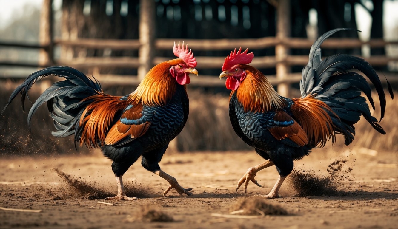 Dua ayam petarung sedang bertarung di arena tradisional dengan latar belakang alami dan suasana pedesaan.