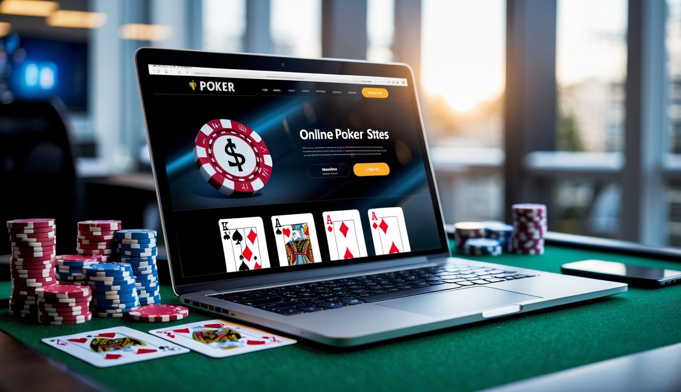Meja kerja modern dengan laptop yang menampilkan situs poker online, dikelilingi oleh chip poker dan kartu remi.