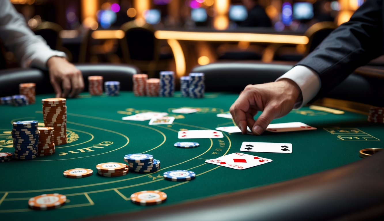 Meja poker dengan chip dan kartu di kasino mewah dengan pencahayaan hangat.