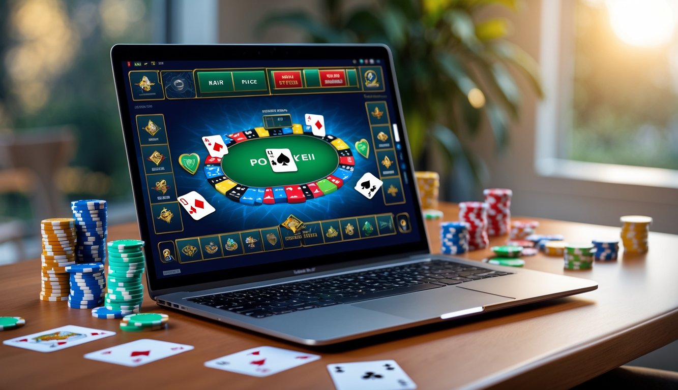 Seorang laptop di atas meja dengan permainan poker online yang sedang berlangsung di layar, dikelilingi oleh chip poker dan kartu remi.