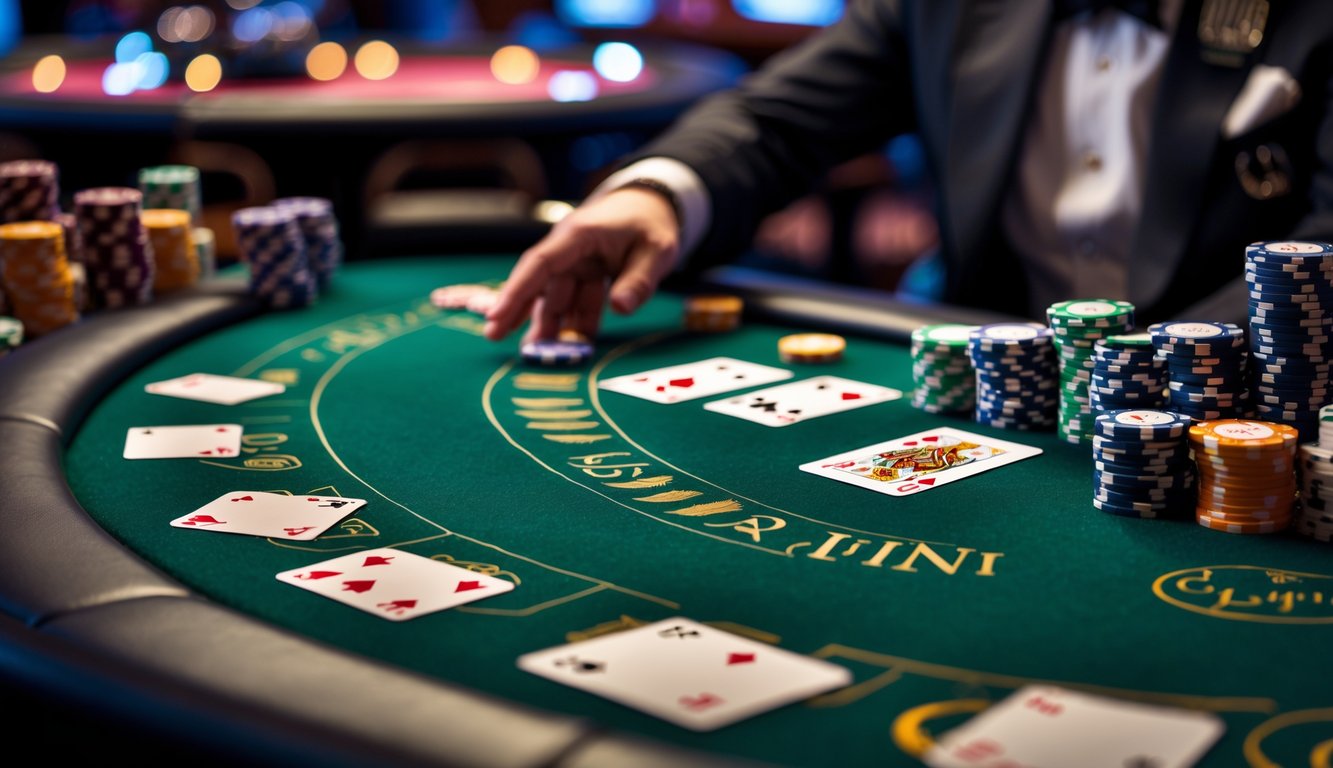 Meja poker modern dengan kartu dan chip di kasino mewah, suasana profesional dan elegan.