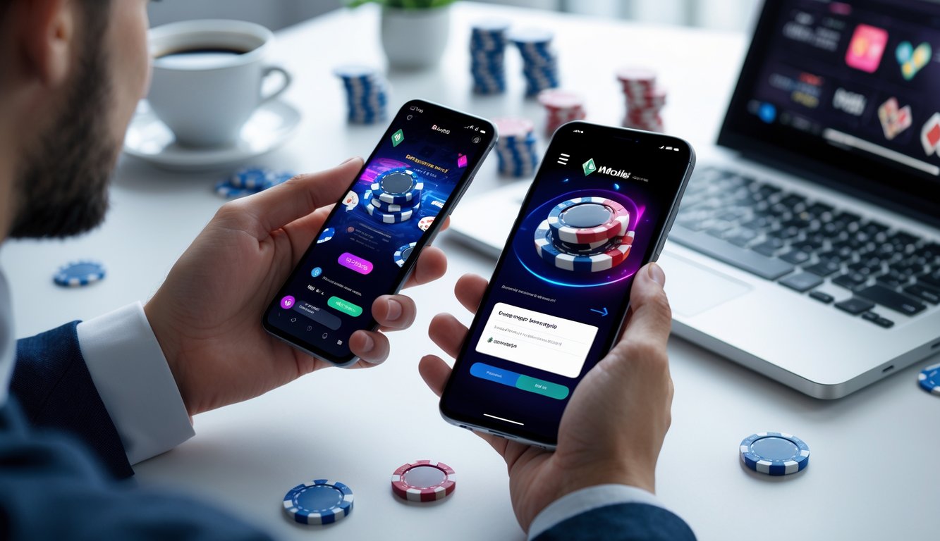 Tangan seseorang memegang ponsel yang menampilkan aplikasi poker online dengan chip poker dan kartu, di atas meja dengan laptop dan cangkir kopi.