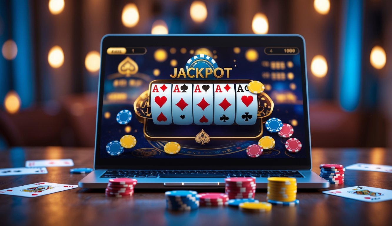 Sebuah komputer menampilkan permainan poker online dengan chip dan kartu poker di atas meja kayu.