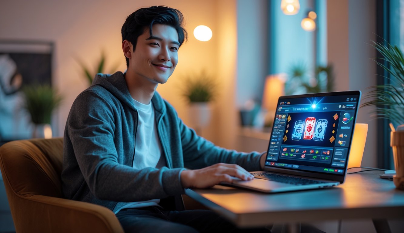 Seorang dewasa muda duduk di meja dengan laptop terbuka menampilkan permainan poker online, terlihat santai dan fokus di ruangan yang nyaman.