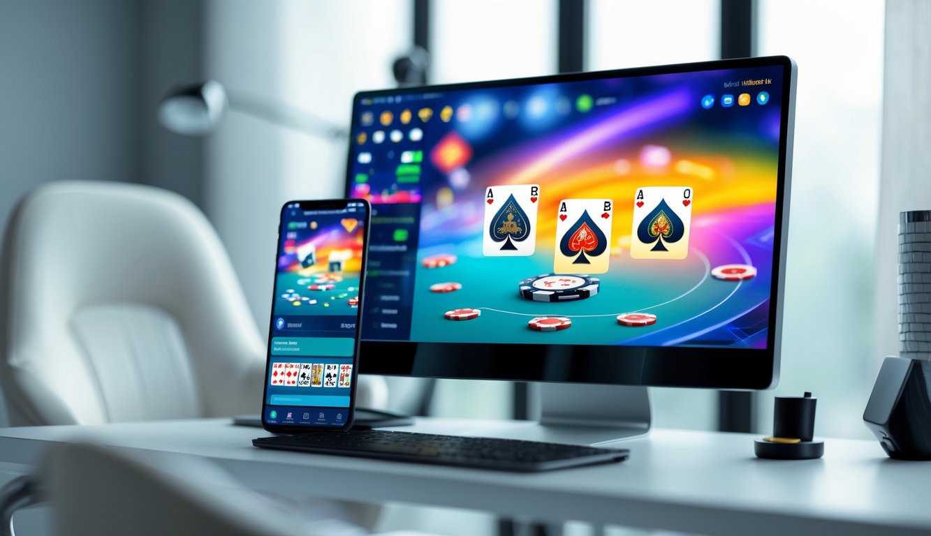 Sebuah meja kerja dengan komputer dan ponsel yang menampilkan permainan poker online, dengan chip dan kartu bermain terlihat di layar.