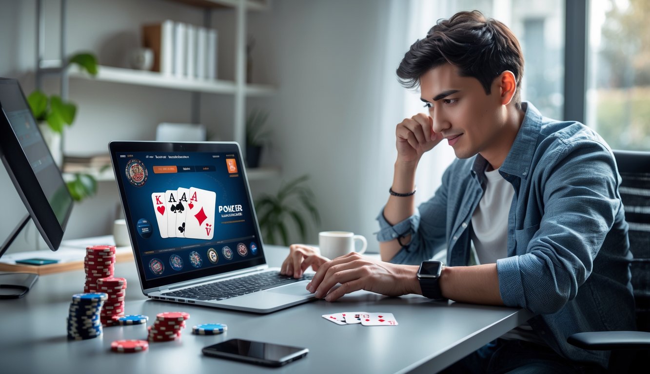 Seorang dewasa muda duduk di meja dengan laptop, bermain poker online dengan chip dan kartu di sekitarnya di ruangan yang terang dan nyaman.