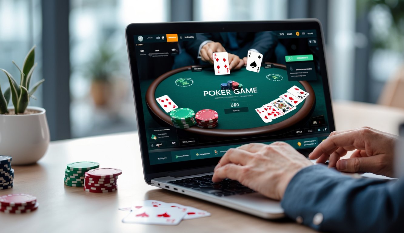Seseorang sedang bermain poker online menggunakan laptop dengan chip poker dan kartu terlihat di layar.