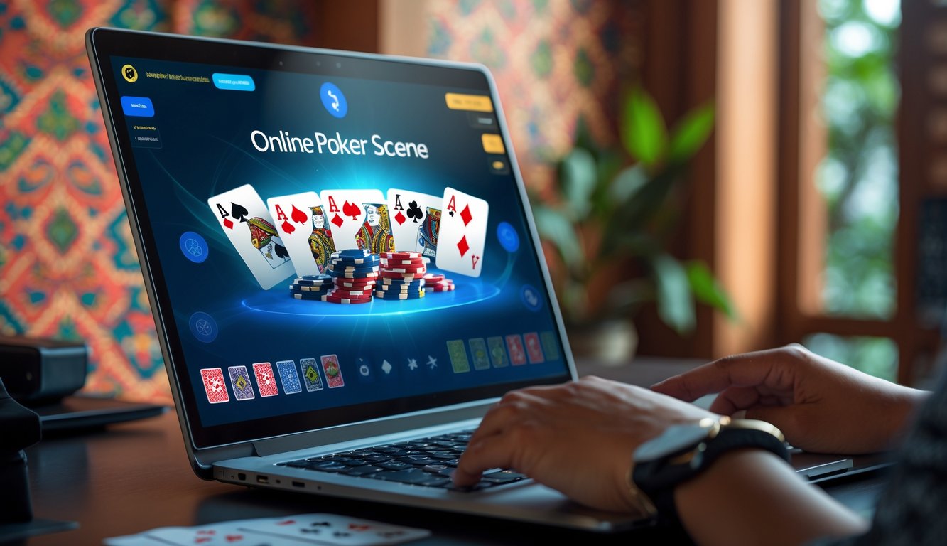 Seseorang bermain poker online di depan laptop dengan latar belakang dekorasi batik Indonesia.
