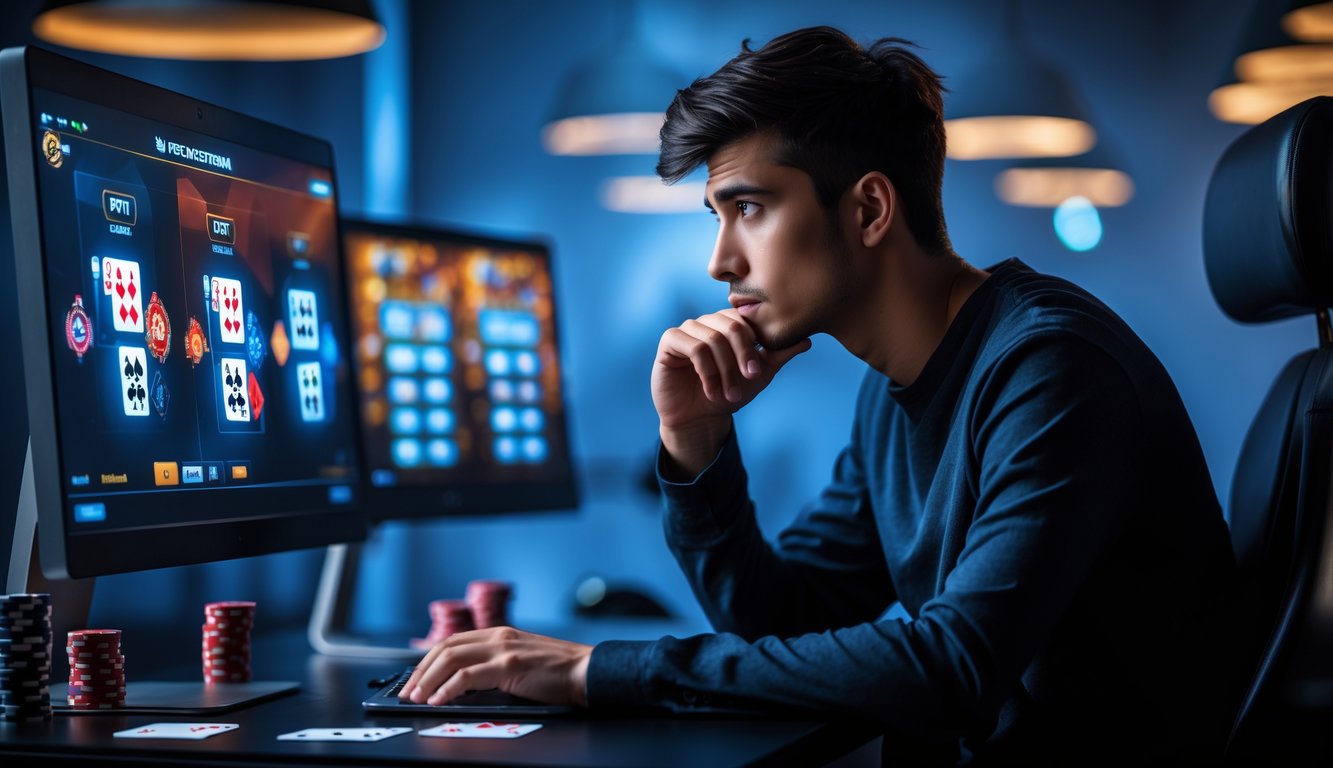 Seorang pria muda duduk di depan beberapa layar komputer yang menampilkan permainan poker digital, tampak fokus dan sedang membuat keputusan.