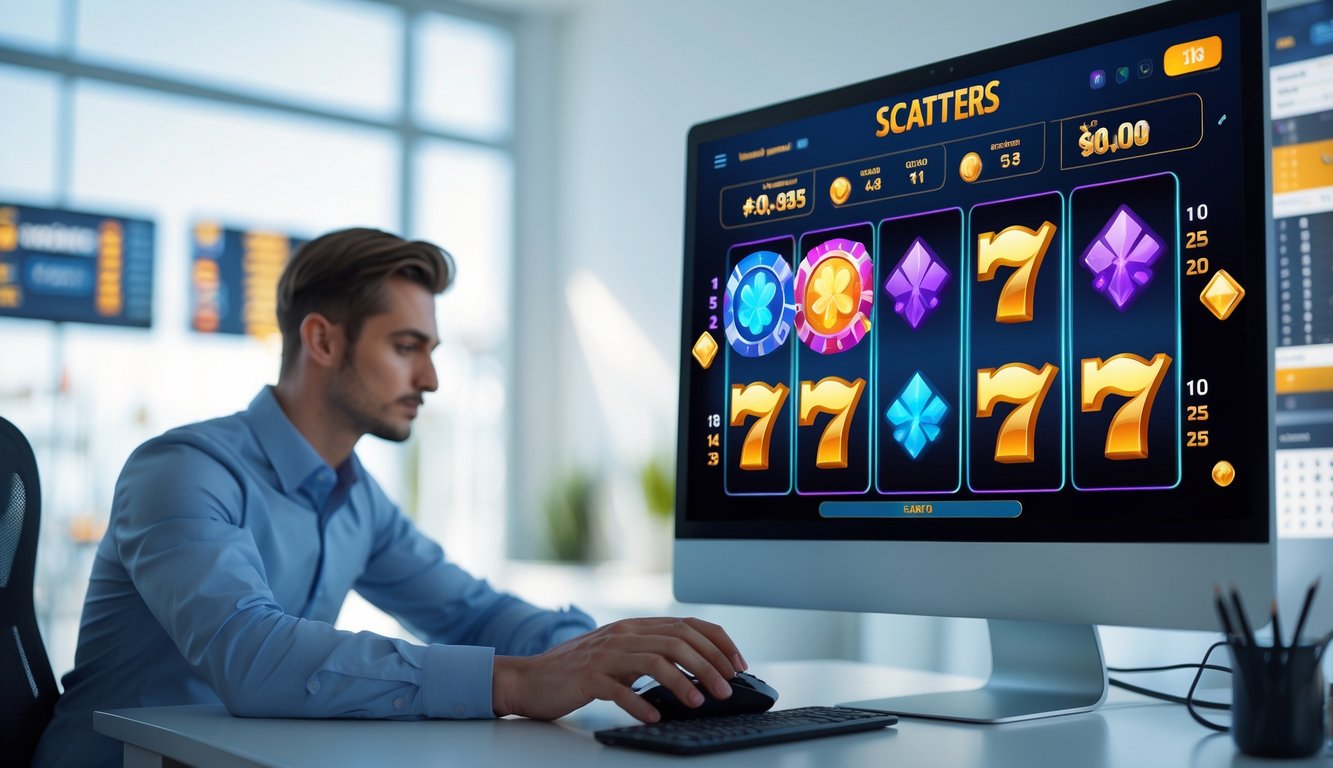 Seorang profesional sedang menggunakan komputer dengan tampilan permainan slot online yang menampilkan fitur bonus dan simbol scatter.