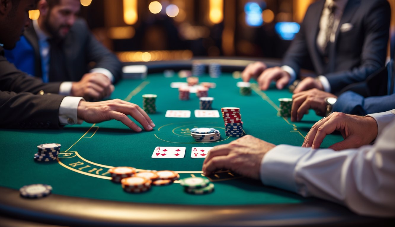 Meja poker dengan chip dan kartu di kasino mewah dengan pencahayaan hangat.