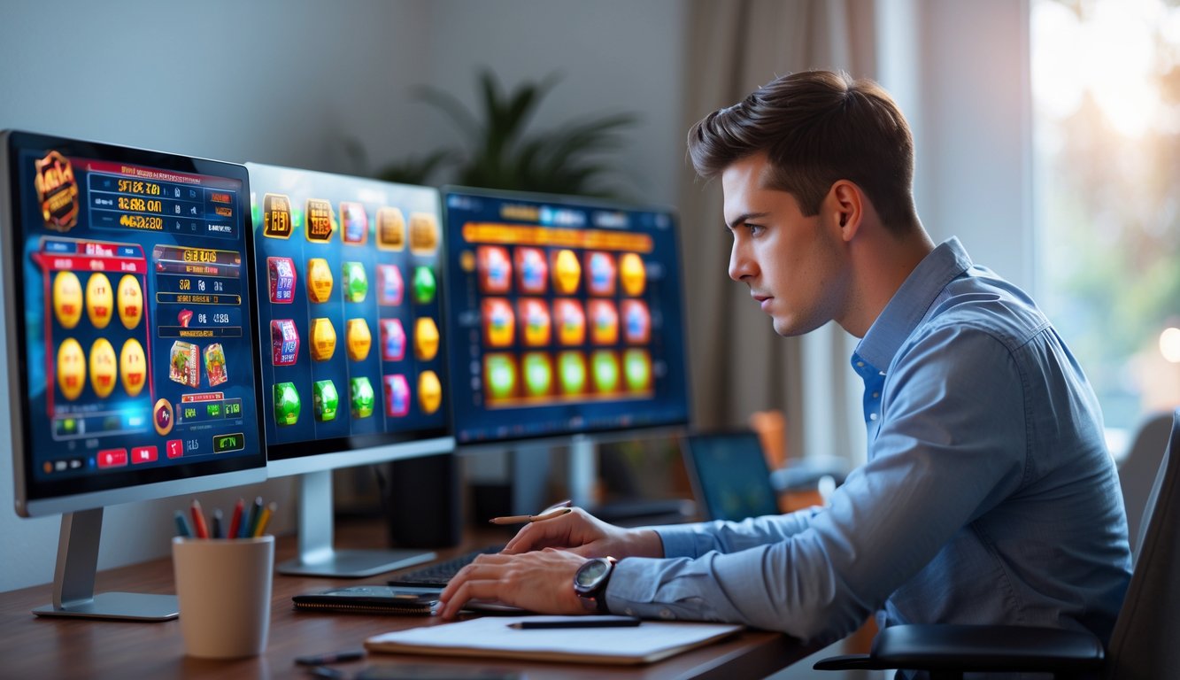 Seorang pria muda duduk di meja modern sambil melihat layar komputer dengan grafik mesin slot dan diagram, menunjukkan suasana perencanaan strategi bermain slot online.