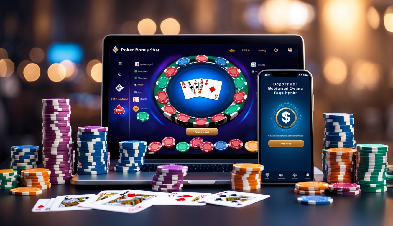 Sebuah meja dengan komputer yang menampilkan permainan poker online, tumpukan chip poker, kartu bermain, dan ponsel yang menunjukkan konfirmasi pembayaran.