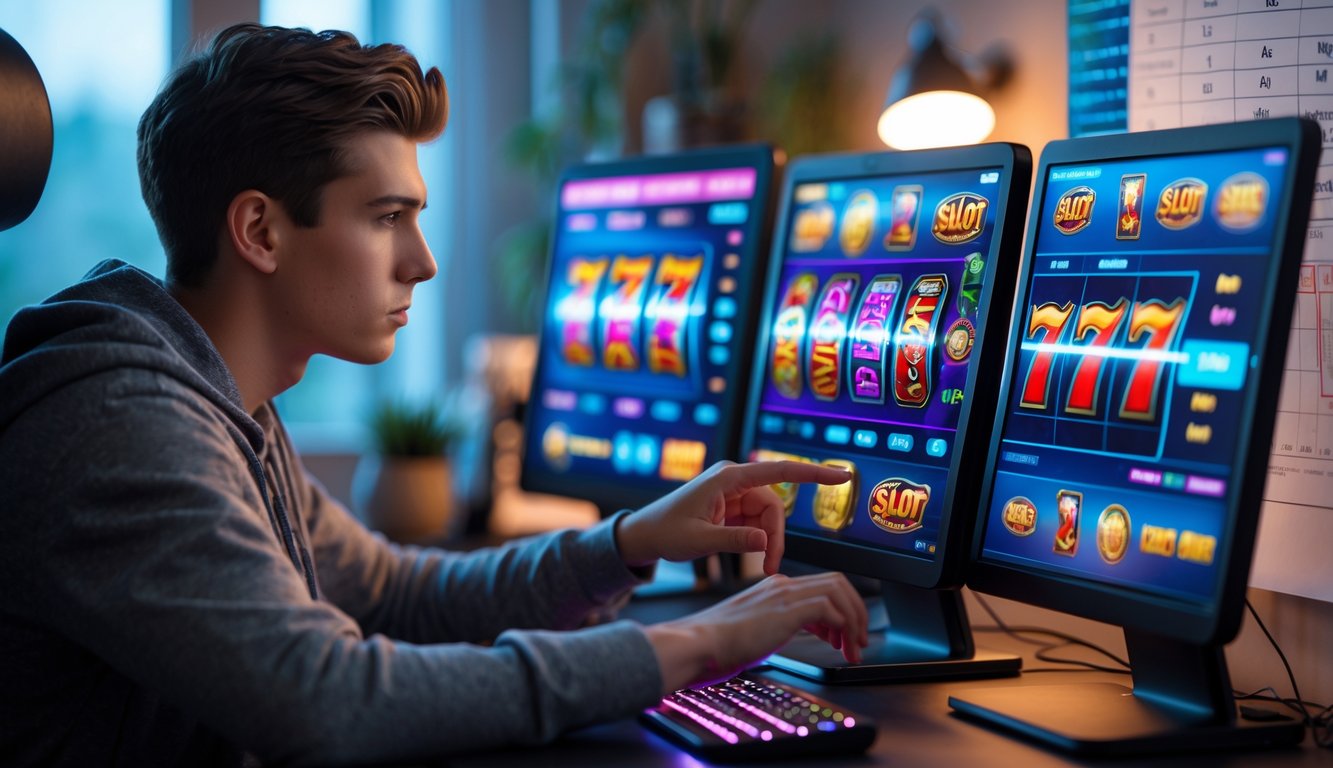 Seorang dewasa muda duduk di meja dengan beberapa perangkat digital menampilkan permainan slot online, terlihat fokus dan sedang merencanakan strategi bermain.