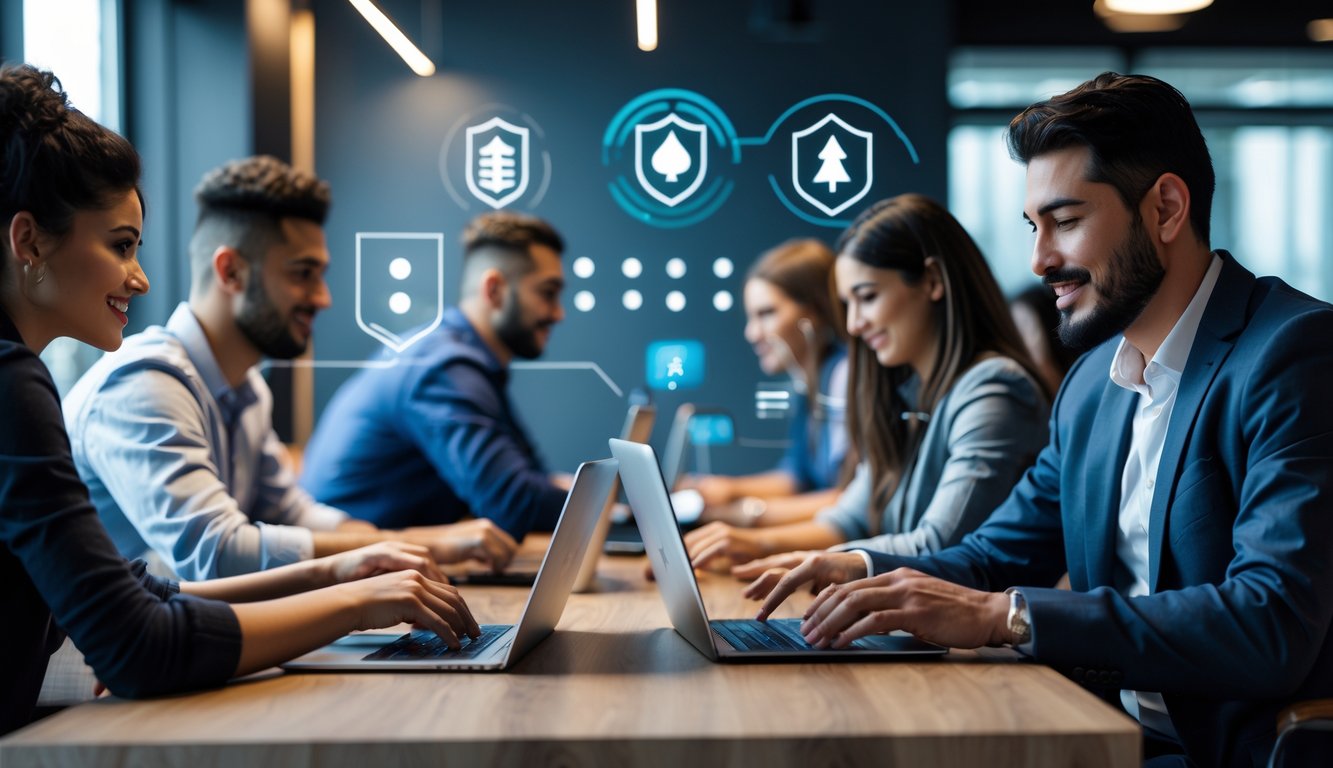 Beberapa orang bermain poker online dengan perangkat digital di ruangan yang nyaman dan aman.