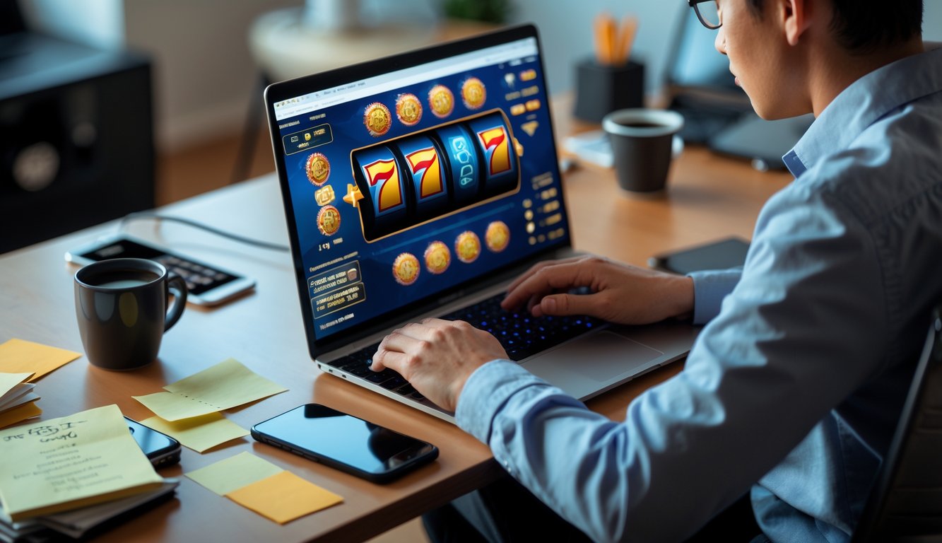 Seorang pemain duduk di depan laptop bermain slot online dengan ekspresi fokus, di meja terdapat catatan dan ponsel yang menunjukkan gangguan.