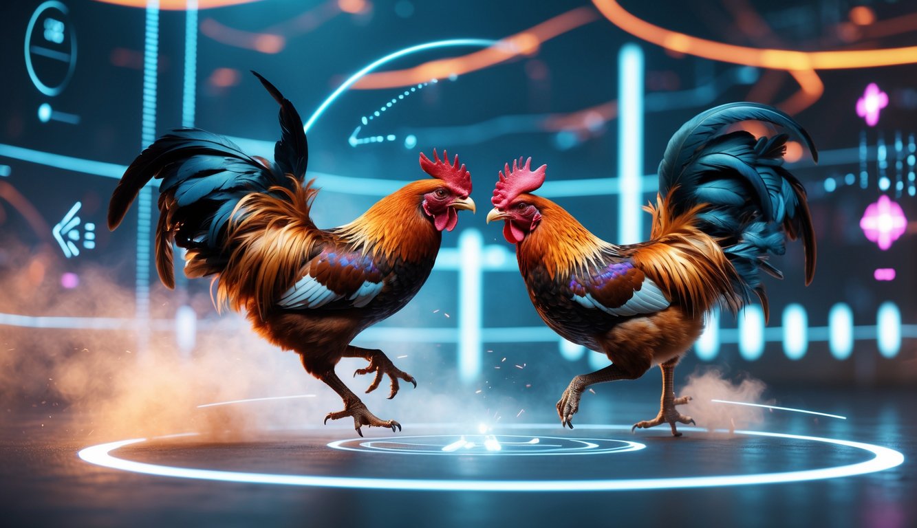 Dua ayam jago sedang bertarung di udara dengan latar belakang digital yang menampilkan pola dan cahaya neon.