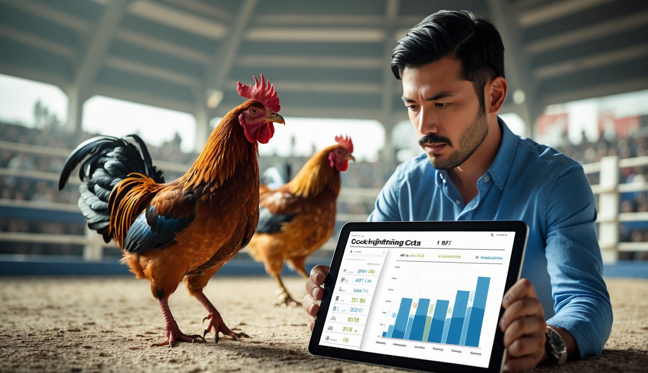 Seorang pria sedang menganalisis data pada tablet digital dengan dua ayam jago bertarung di arena modern di latar belakang.
