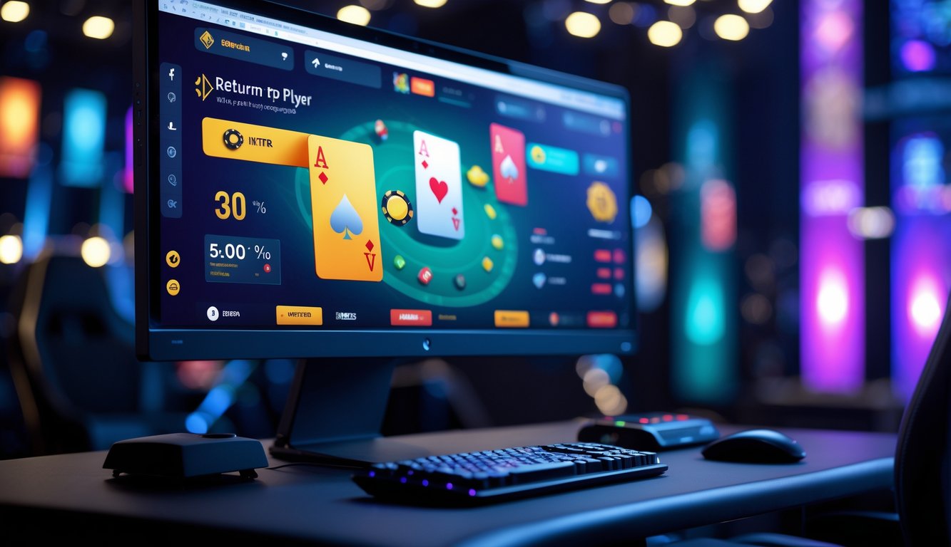 Suasana meja komputer dengan permainan poker online yang menampilkan kartu dan chip poker di layar.