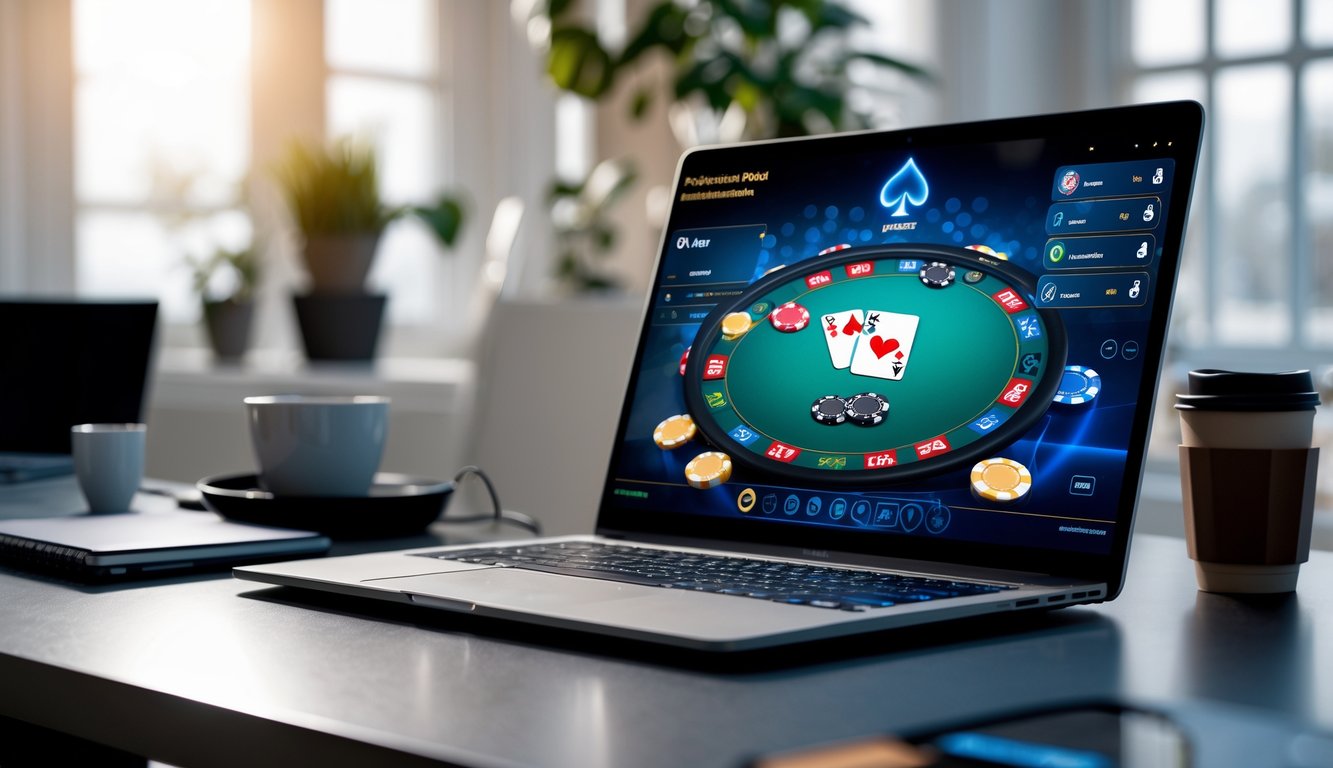 Sebuah meja kerja dengan komputer yang menampilkan permainan poker online dengan kartu dan chip poker di layar.