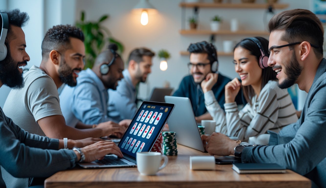 Beberapa orang sedang bermain poker online secara multiplayer menggunakan laptop dan tablet di lingkungan rumah atau kantor.