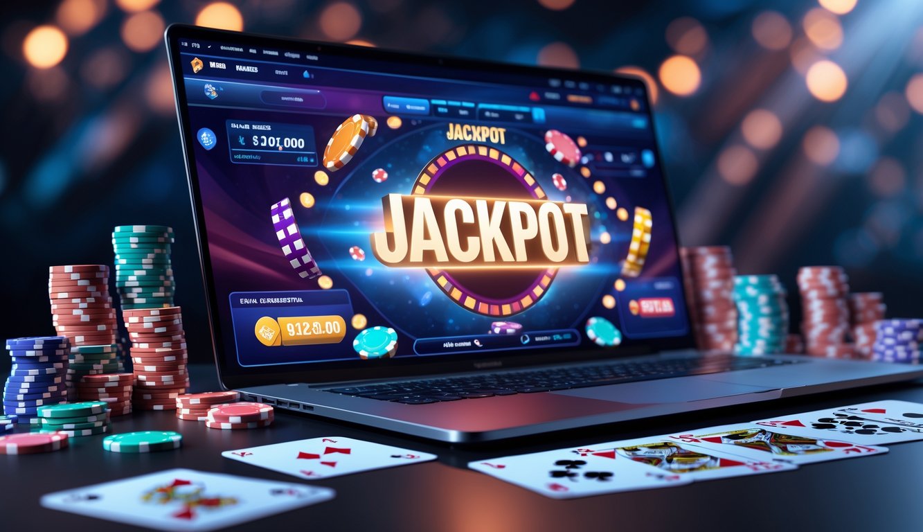 Sebuah meja dengan komputer menampilkan permainan poker online dengan tumpukan chip poker dan kartu bermain di sekitarnya, menunjukkan suasana permainan jackpot besar.