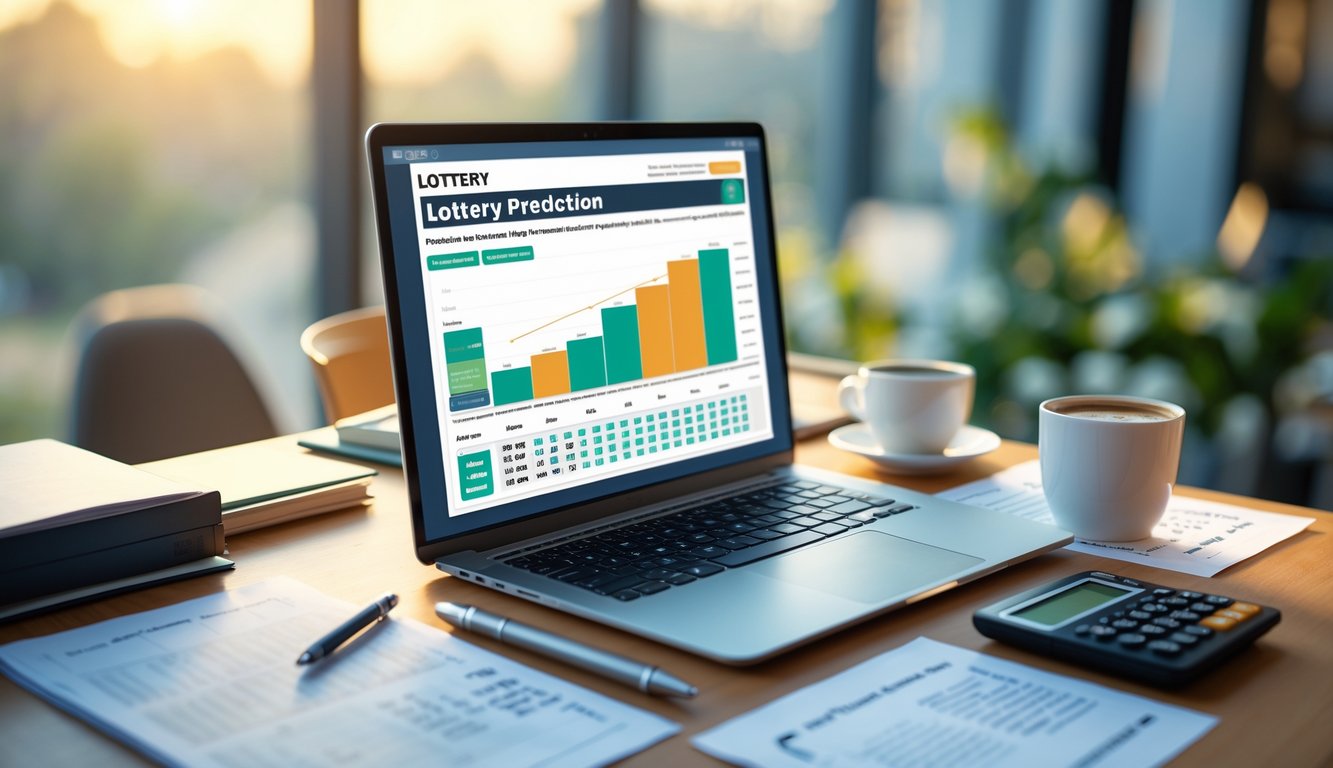 Meja kerja dengan laptop yang menampilkan grafik dan angka prediksi togel, dikelilingi kertas, kalkulator, dan cangkir kopi.