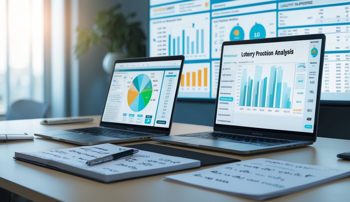Meja kerja modern dengan laptop menampilkan grafik dan data prediksi togel, notepad dengan catatan, dan layar digital di latar belakang.