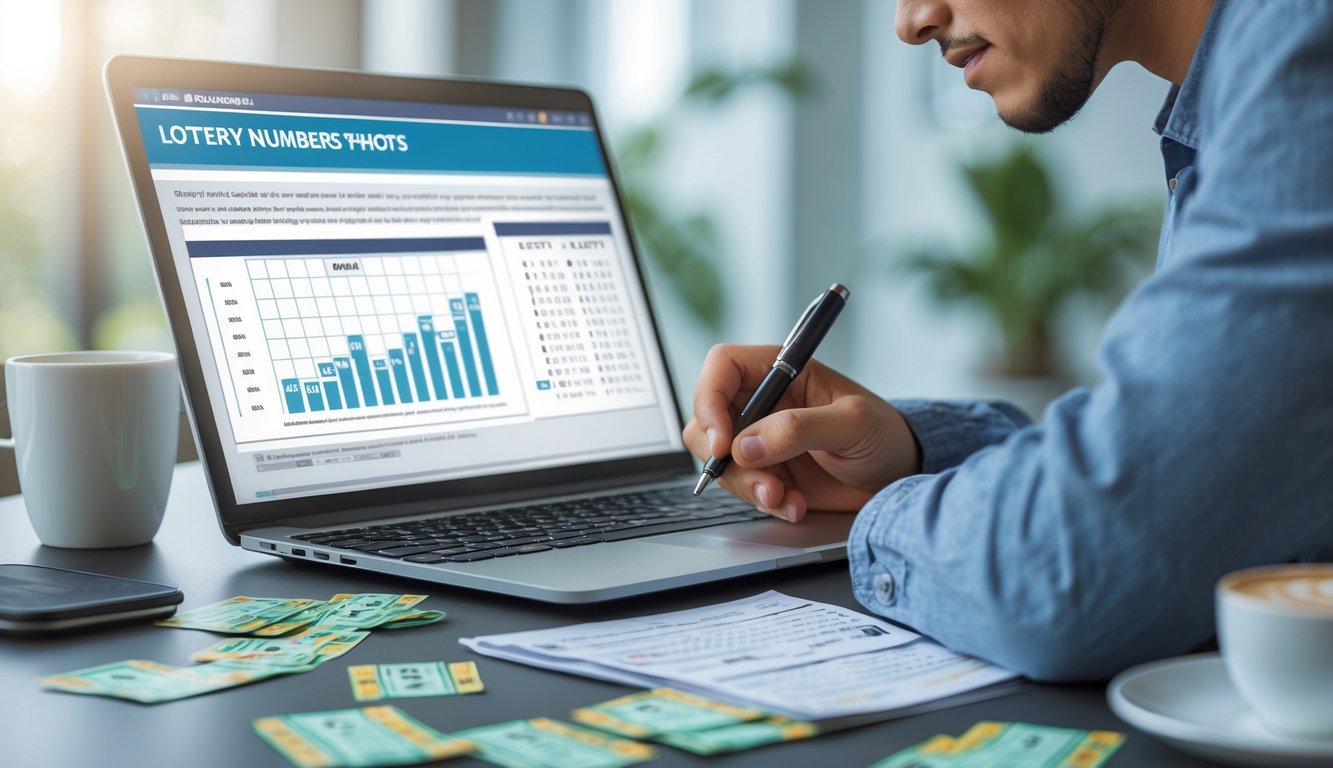 Seorang pria sedang menganalisis angka togel di meja kerja dengan laptop, catatan, dan tiket togel di sekitarnya.