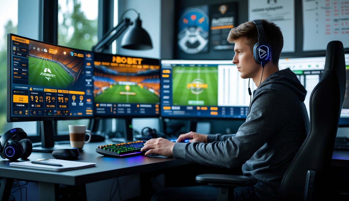 Seorang pria muda duduk di depan komputer dengan beberapa layar yang menampilkan situs taruhan online Sbobet dan acara olahraga, di ruang kerja yang terang dan rapi.