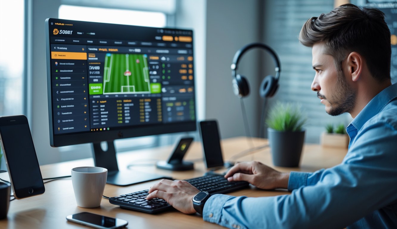 Seorang pria sedang fokus menggunakan komputer di meja kerja dengan tampilan antarmuka taruhan olahraga modern di layar.