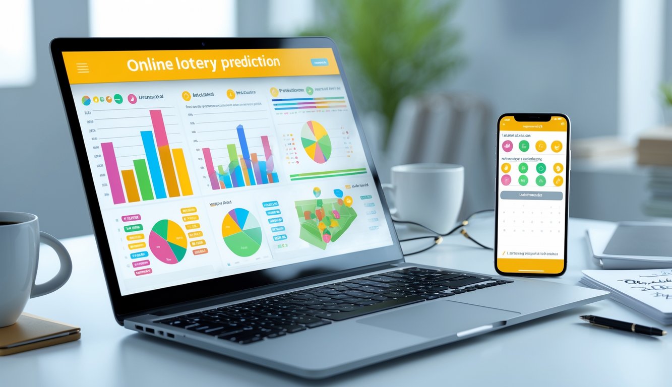 Sebuah ruang kerja modern dengan laptop dan ponsel yang menampilkan grafik dan angka terkait prediksi togel online.