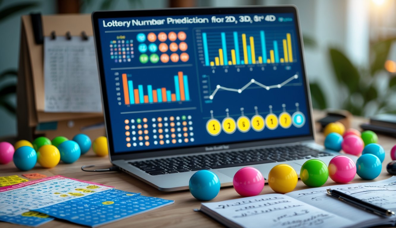 Meja kerja dengan laptop, bola bernomor warna-warni, tiket lotere, dan catatan dengan perhitungan angka.