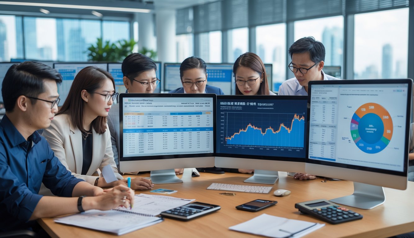 Orang-orang sedang bekerja bersama di kantor dengan komputer dan grafik yang menunjukkan analisis data lotere.