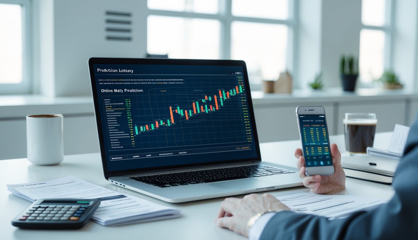 Meja kerja modern dengan laptop yang menampilkan data angka dan grafik, dikelilingi oleh catatan, kalkulator, dan ponsel dengan aplikasi lotere, di ruang kantor yang terang dan rapi.