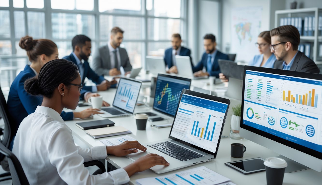 Orang-orang di kantor modern sedang menganalisis data togel harian menggunakan perangkat digital.